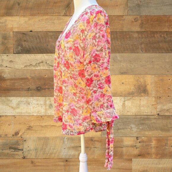 Coldwater Creek Floral Chiffon Blouse Sheer Lined V-Neck Tie Sleeve Spring Sz M - Picture 9 of 16